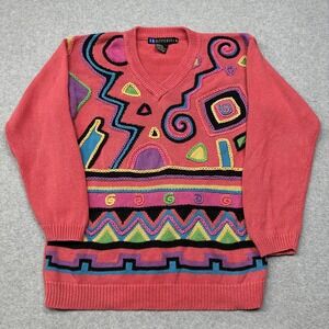 Vintage I.B. Diffusion Sweater Womens XS Abstract 3D Knit V-Neck 90s Coogi Style